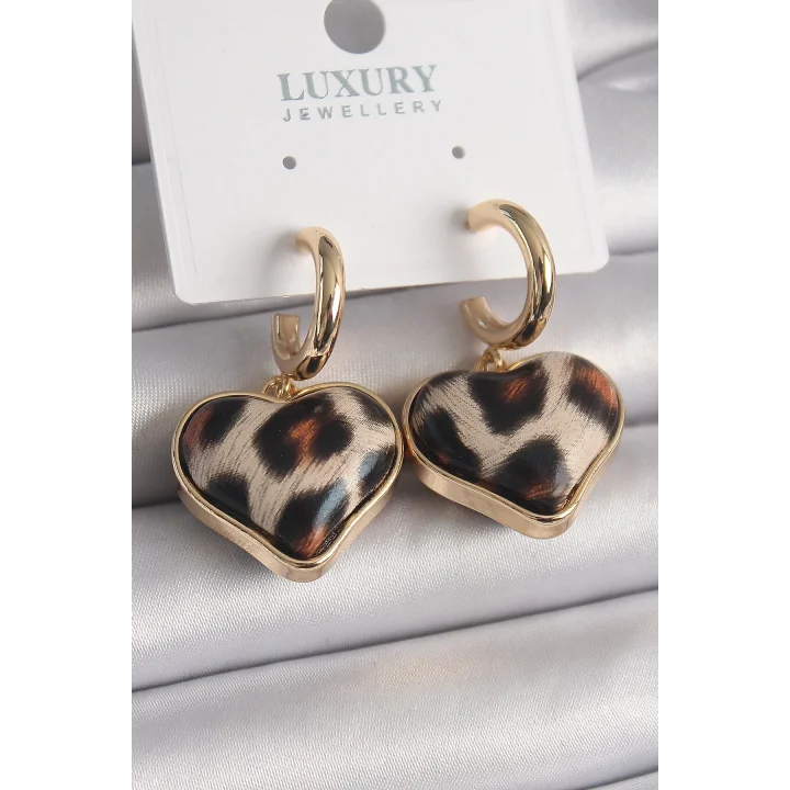 Mey İthalat® Pirinç Gold Renk 3D Kalp Leopar Model Kadın Küpe