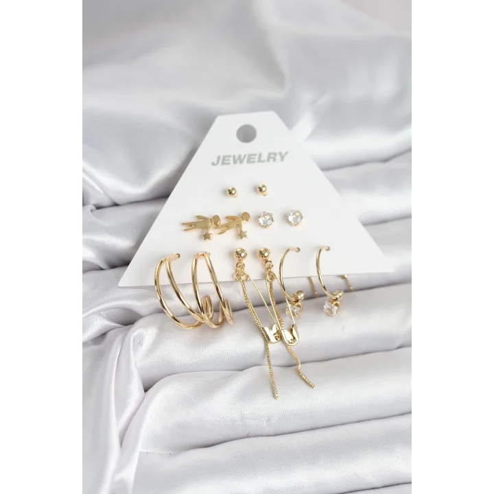 Mey İthalat® Pirinç Gold Renk 6 Çiftli Kadın Küpe Seti