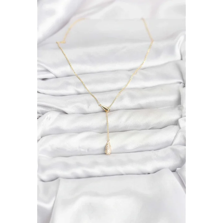 Mey İthalat® Pirinç Gold Renk Asansörlü Damla Model Kadın Kolye