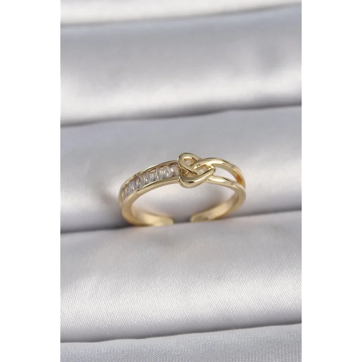 Mey İthalat® Pirinç Gold Renk Ayarlanabilir Zirkon Taşlı Düğüm Kalp Model Kadın Yüzük