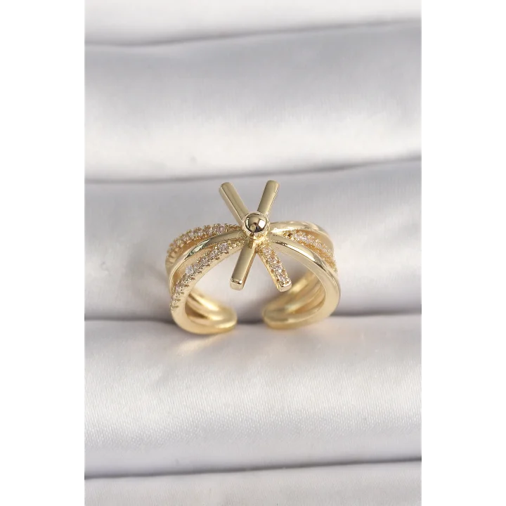 Mey İthalat® Pirinç Gold Renk Ayarlanabilir Ziron Taşlı Kadın Yüzük