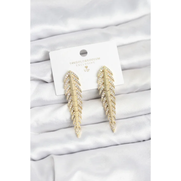 Mey İthalat® Pirinç Gold Renk Balık Sırtı Model Zirkon Taşlı Kadın Küpe