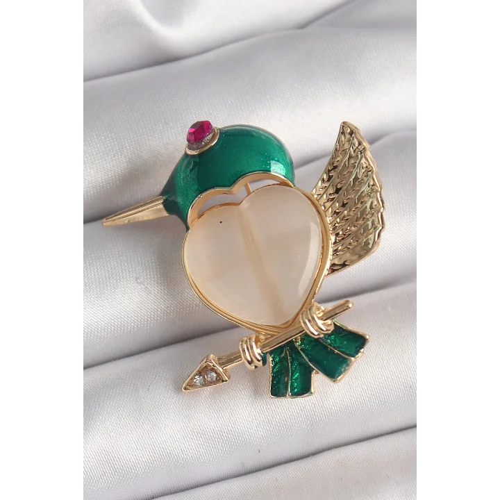 Mey İthalat® Pirinç Gold Renk Beyaz Mineli Kalp Yeşil Sinek Kuşu Model Pembe Zirkon Taş Detay Kadın Broş
