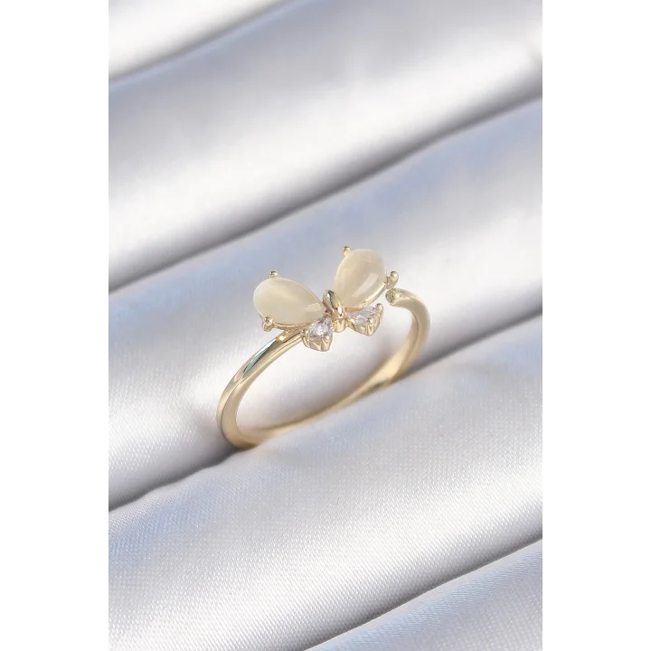 Mey İthalat® Pirinç Gold Renk Beyaz Mineli Zirkon Taşlı Kelebek Model Kadın Yüzük