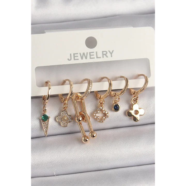 Mey İthalat® Pirinç Gold Renk Çoklu Figür Kadın Küpe Seti
