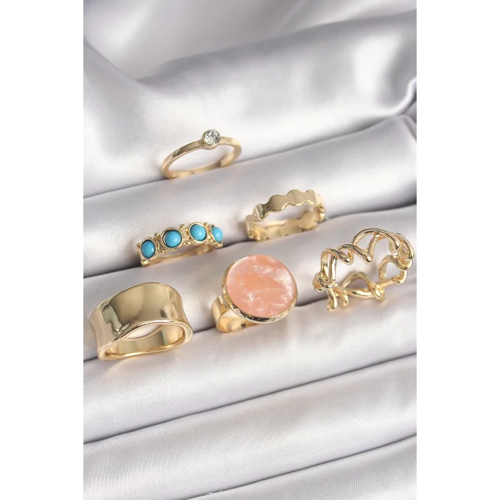 Mey İthalat® Pirinç Gold Renk Daire Pembe Mineli Zirkon Taş Detaylı 6Lı Kadın Yüzük Seti