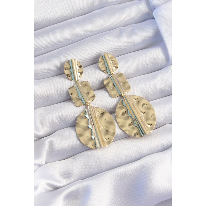 Mey İthalat® Pirinç Gold Renk Geometrik Ezme Plaka Küpe