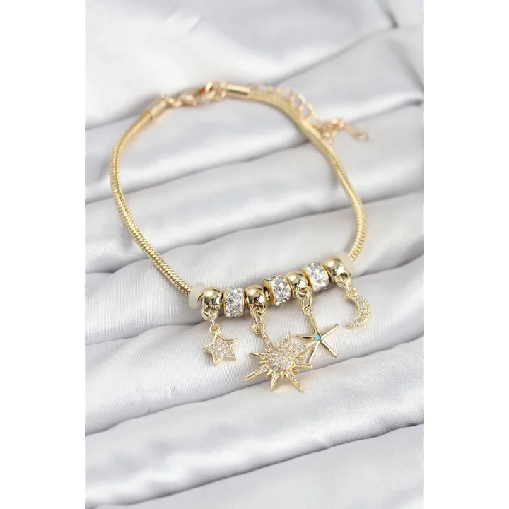 Mey İthalat® Pirinç Gold Renk Güneş Tema Charmlı Kadın Bileklik