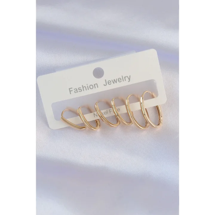 Mey İthalat® Pirinç Gold Renk İnce Oval Küpe Seti