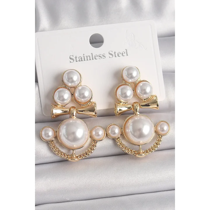 Mey İthalat® Pirinç Gold Renk İncili Çapa Model Kadın Küpe