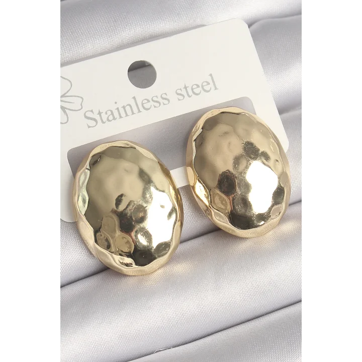 Mey İthalat® Pirinç Gold Renk İşlemeli Bombe Oval Model Kadın Küpe