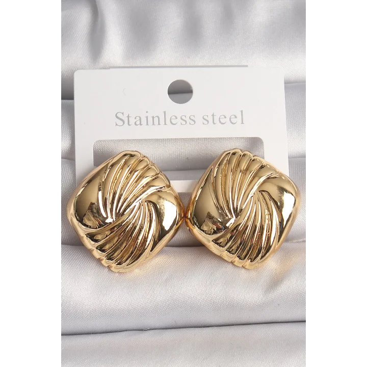 Mey İthalat® Pirinç Gold Renk İşlemeli Kare Model Kadın Küpe