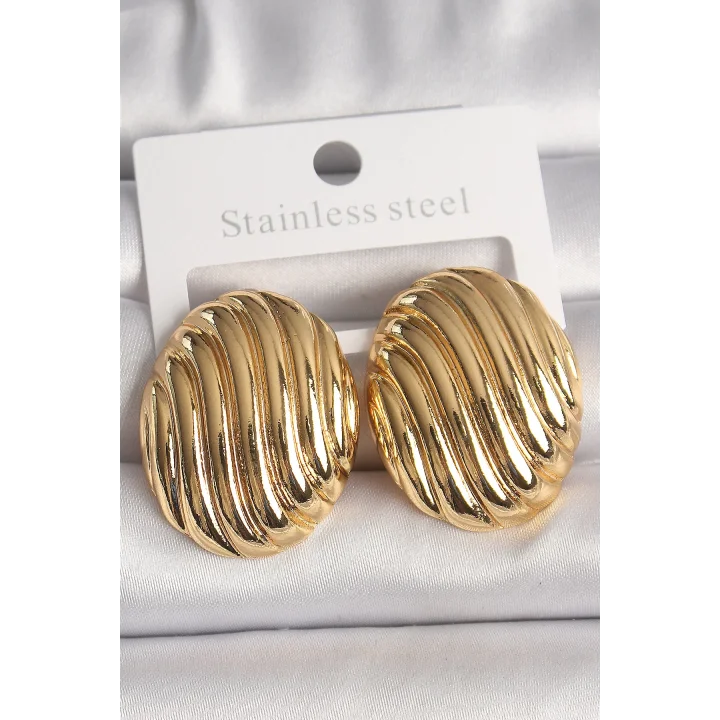 Mey İthalat® Pirinç Gold Renk İşlemeli Oval Model Kadın Küpe