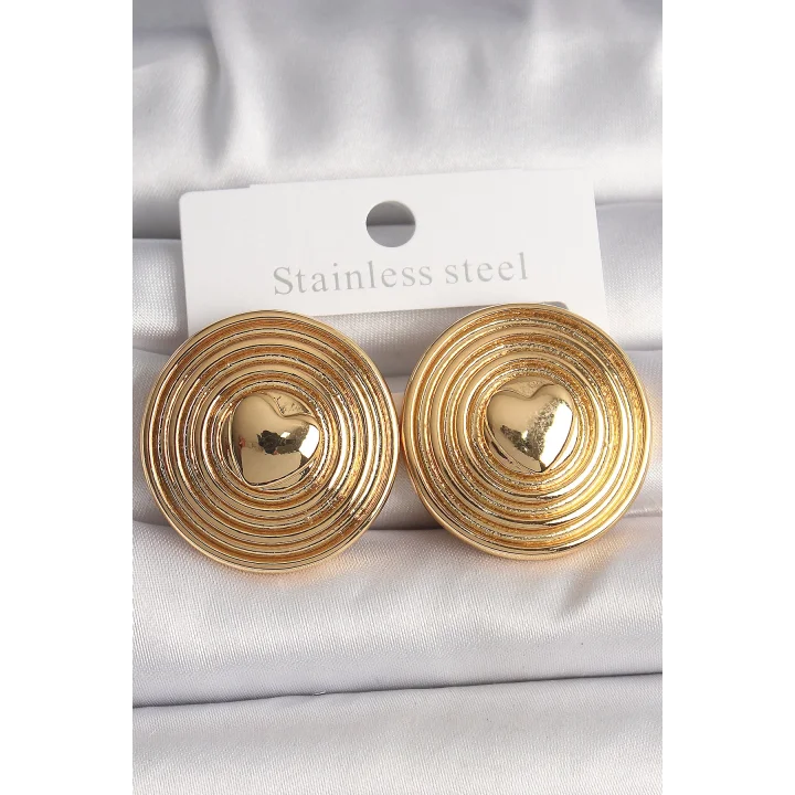 Mey İthalat® Pirinç Gold Renk Kalp İşlemeli Daire Plaka Model Kadın Küpe