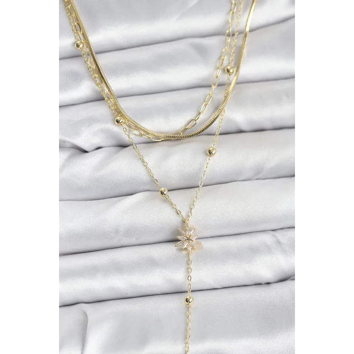 Mey İthalat® Pirinç Gold Renk Kutup Yıldızı Model Detaylı 3lü Kombin Y Kadın Kolye