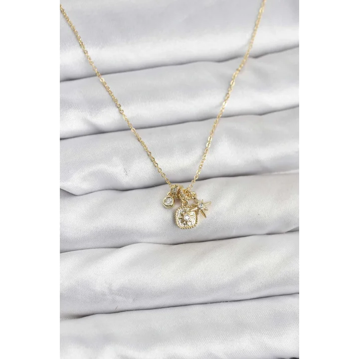 Mey İthalat® Pirinç Gold Renk Minimal Charmlı Kadın Kolye