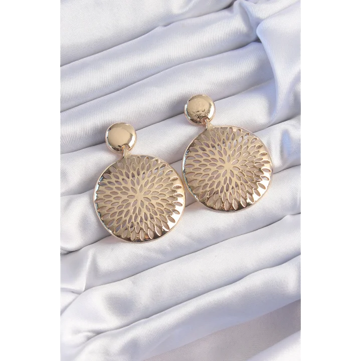 Mey İthalat® Pirinç Gold Renk Oval İşlemeli Küpe