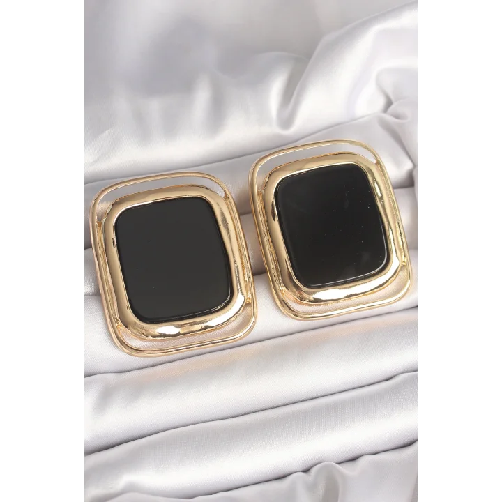 Mey İthalat® Pirinç Gold Renk Siyah Mineli Kare Model Kadın Küpe