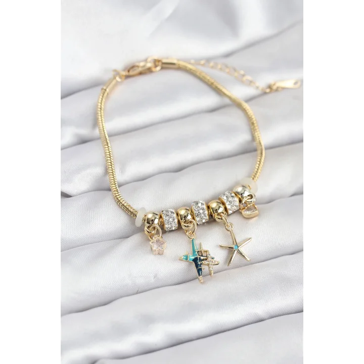 Mey İthalat® Pirinç Gold Renk Yıldız Model Charmlı Kadın Bileklik