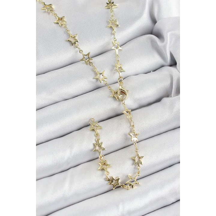 Mey İthalat® Pirinç Gold Renk Yıldızlı Kadın Y Kolye