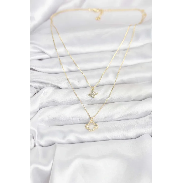 Mey İthalat® Pirinç Gold Renk Yonca Model 2li Kadın Kolye