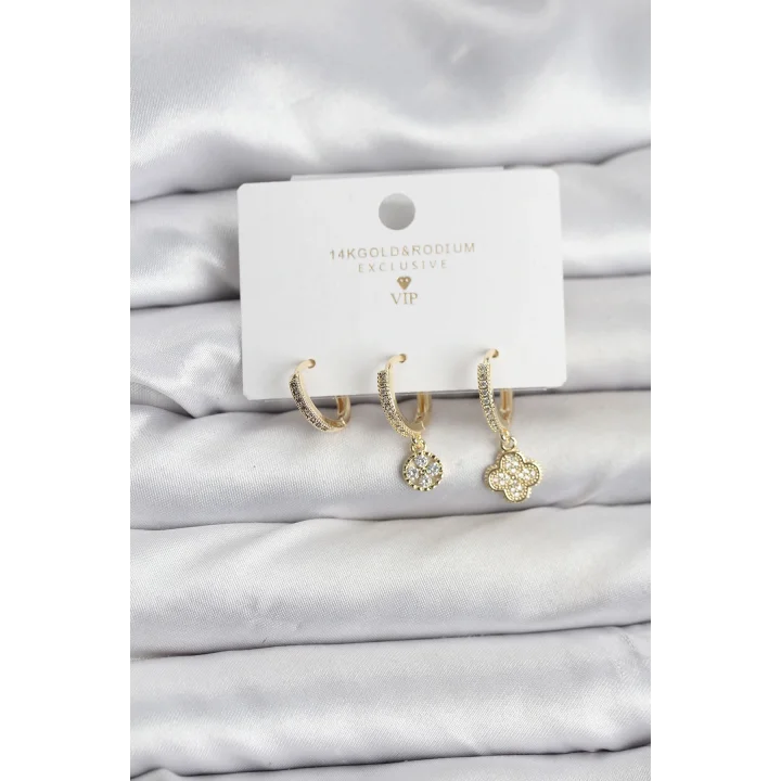 Mey İthalat® Pirinç Gold Renk Yonca Model 3lü Kadın Küpe Seti