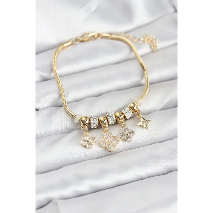 Mey İthalat® Pirinç Gold Renk Yonca Model Kadın Bileklik