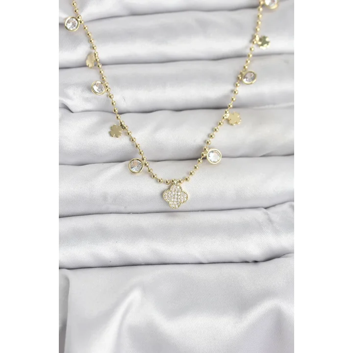 Mey İthalat® Pirinç Gold Renk Yonca Model Kadın Kolye