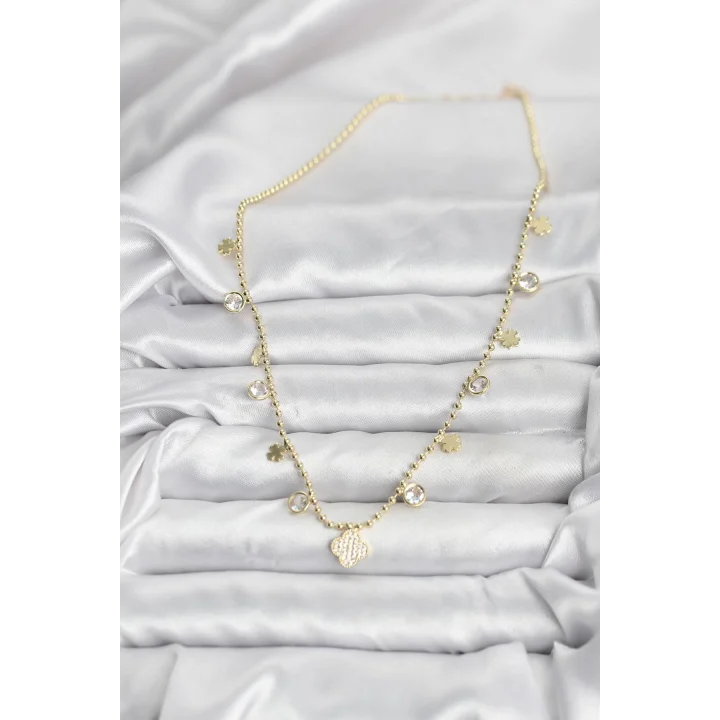 Mey İthalat® Pirinç Gold Renk Yonca Model Kadın Kolye