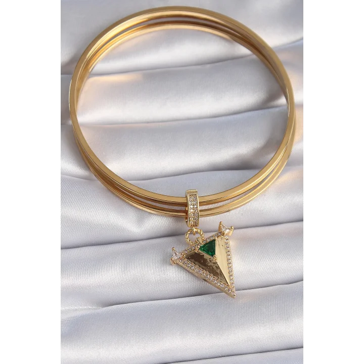 Mey İthalat® Pirinç Gold Renk Zirkon Taşlı 3D Üçgen Model Ajda Charm