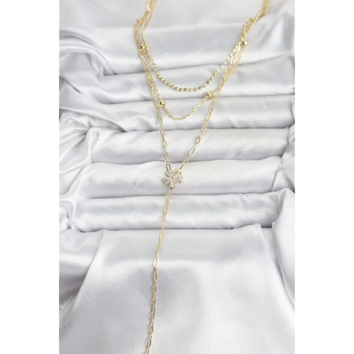 Mey İthalat® Pirinç Gold Renk Zirkon Taşlı Çiçek Model Detaylı 3lü Kombin Y Kadın Kolye