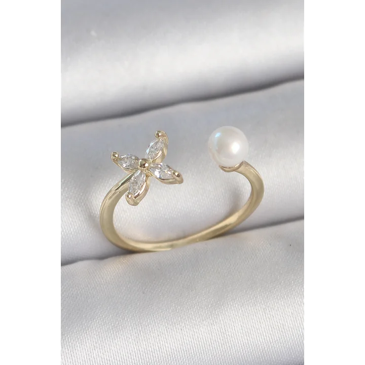 Mey İthalat® Pirinç Gold Renk Zirkon Taşlı Çiçek Model İnci Detay Ayarlanabilir Kadın Yüzük