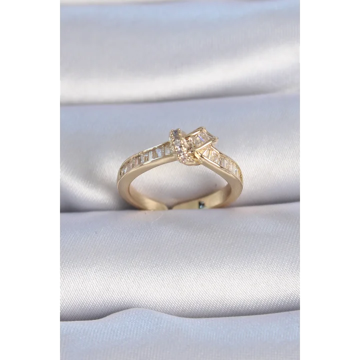 Mey İthalat® Pirinç Gold Renk Zirkon Taşlı Düğüm Model Kadın Yüzük