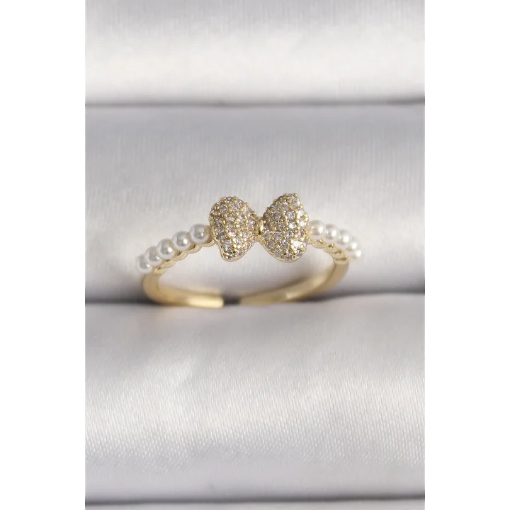 Mey İthalat® Pirinç Gold Renk Zirkon Taşlı Fiyonk İnci Detay Ayarlanabilir Yüzük