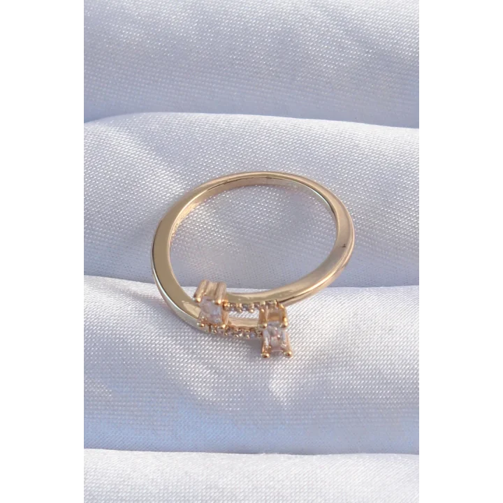 Mey İthalat® Pirinç Gold Renk Zirkon Taşlı Geometrik Ayarlanabilir Yüzük