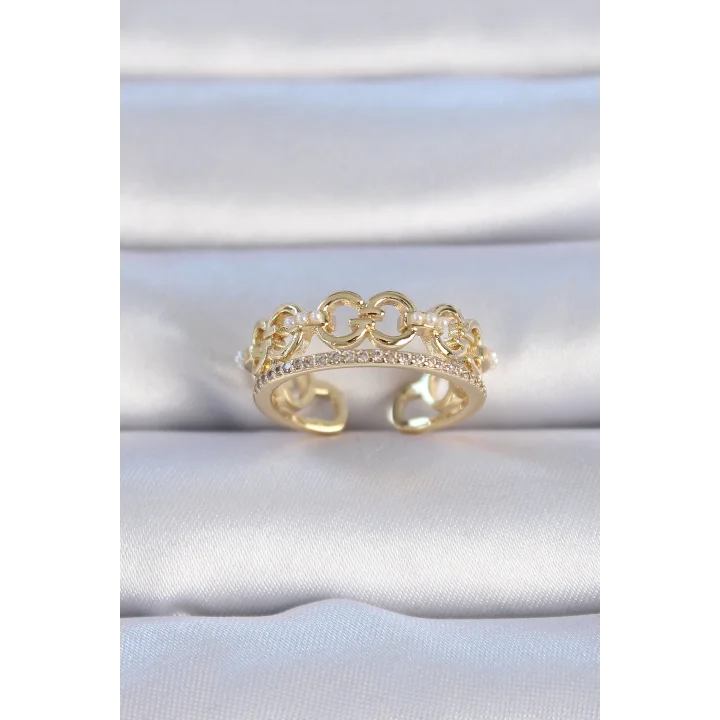 Mey İthalat® Pirinç Gold Renk Zirkon Taşlı İnci Detay Kadın Yüzük