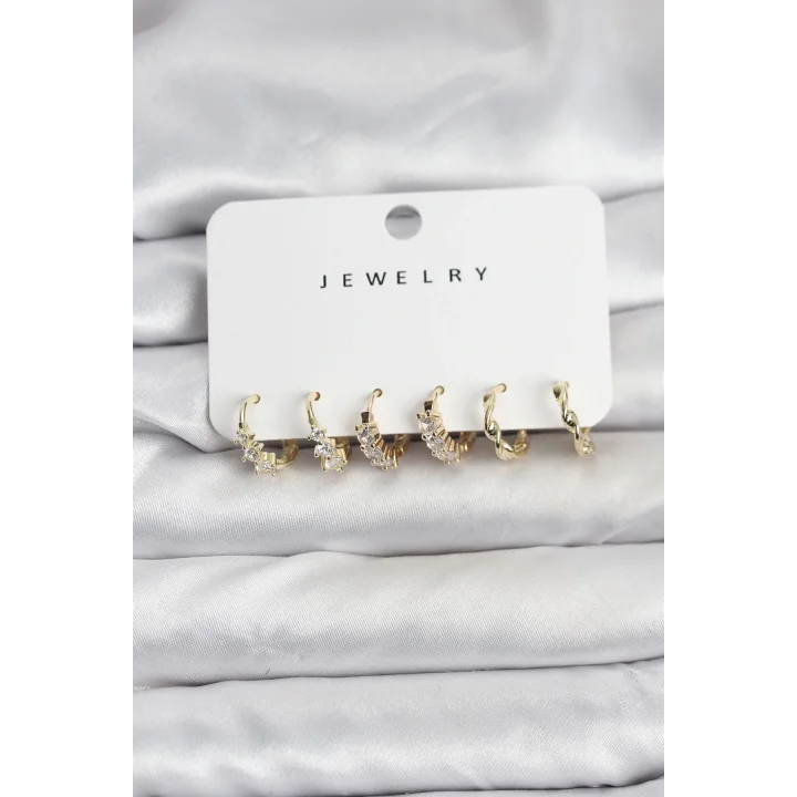 Mey İthalat® Pirinç Gold Renk Zirkon Taşlı Kadın Küpe Seti