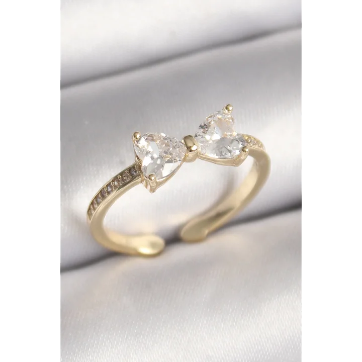 Mey İthalat® Pirinç Gold Renk Zirkon Taşlı Kalp Fiyonk Model Kadın Yüzük