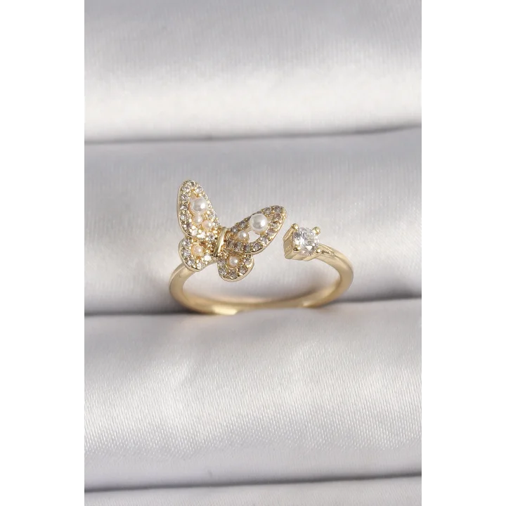 Mey İthalat® Pirinç Gold Renk Zirkon Taşlı Kelebek Model İnci Detay Ayarlanabilir Yüzük