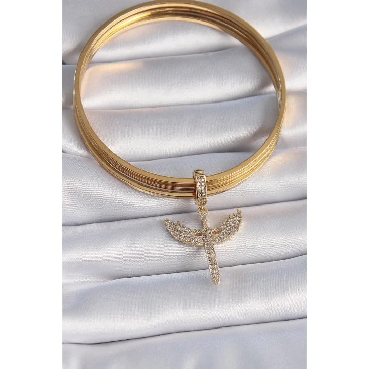 Mey İthalat® Pirinç Gold Renk Zirkon Taşlı Mikail Model Ajda Charm