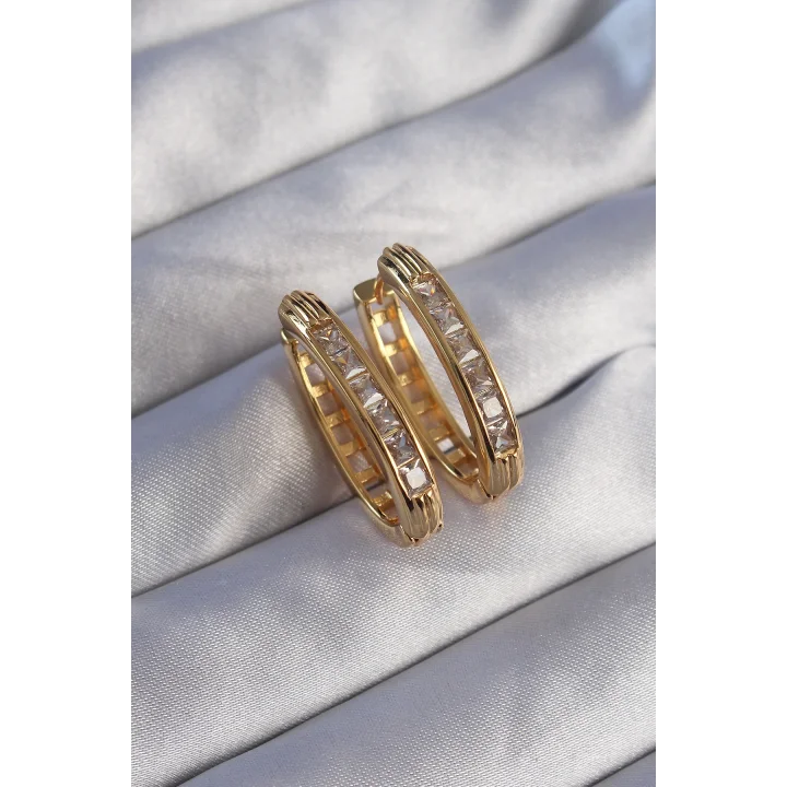 Mey İthalat® Pirinç Gold Renk Zirkon Taşlı Oval Model Küpe