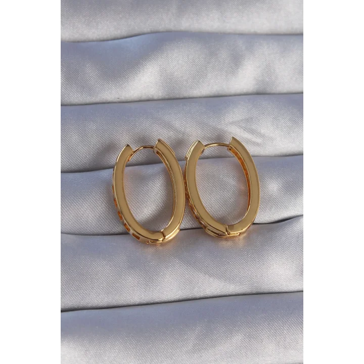 Mey İthalat® Pirinç Gold Renk Zirkon Taşlı Oval Model Küpe