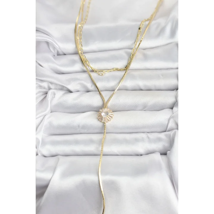 Mey İthalat® Pirinç Gold Renk Zirkon Taşlı Papatya Model Detaylı 3lü Kombin Y Kadın Kolye