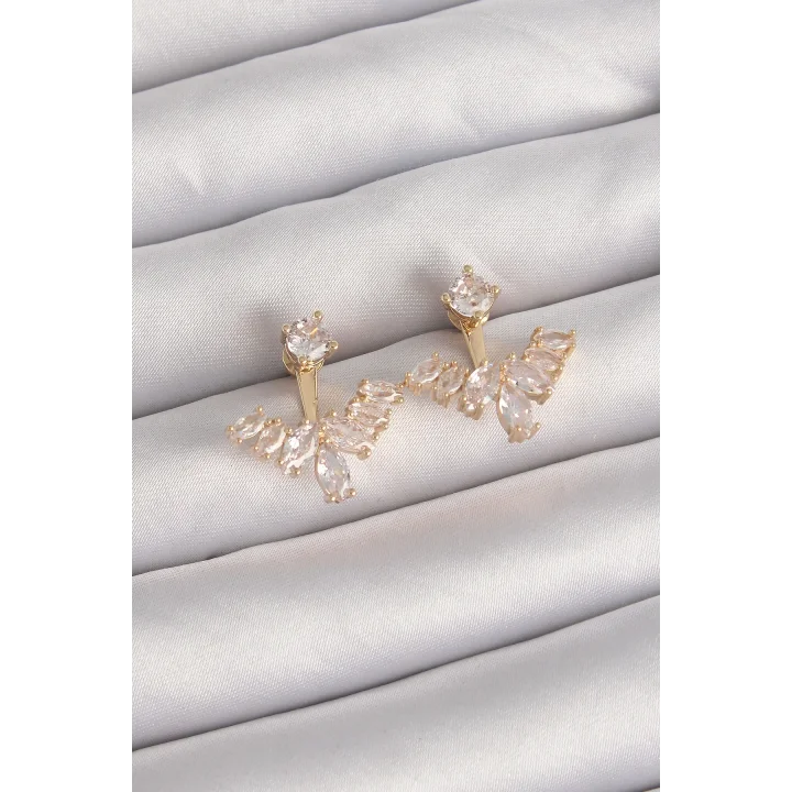 Mey İthalat® Pirinç Gold Renk Zirkon Taşlı V Model Küpe