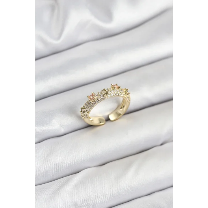 Mey İthalat® Pirinç Gold Renk Zirkon Taşlı Vintage Kadın Yüzük