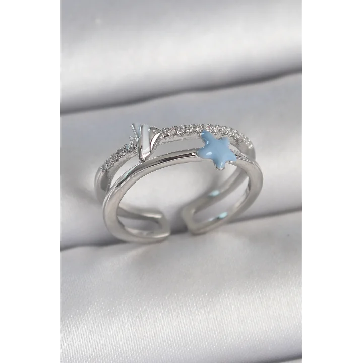 Mey İthalat® Pirinç Gümüş Renk 2Li Zirkon Taşlı Mavi Yıldız Figür Ayarlanabilir Kadın Yüzük