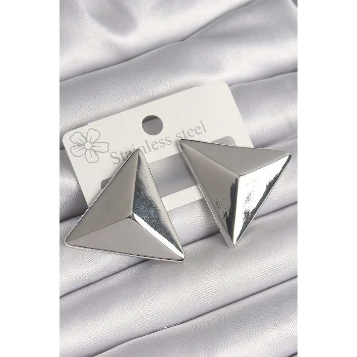 Mey İthalat® Pirinç Gümüş Renk 3D Üçgen Model Kadın Küpe
