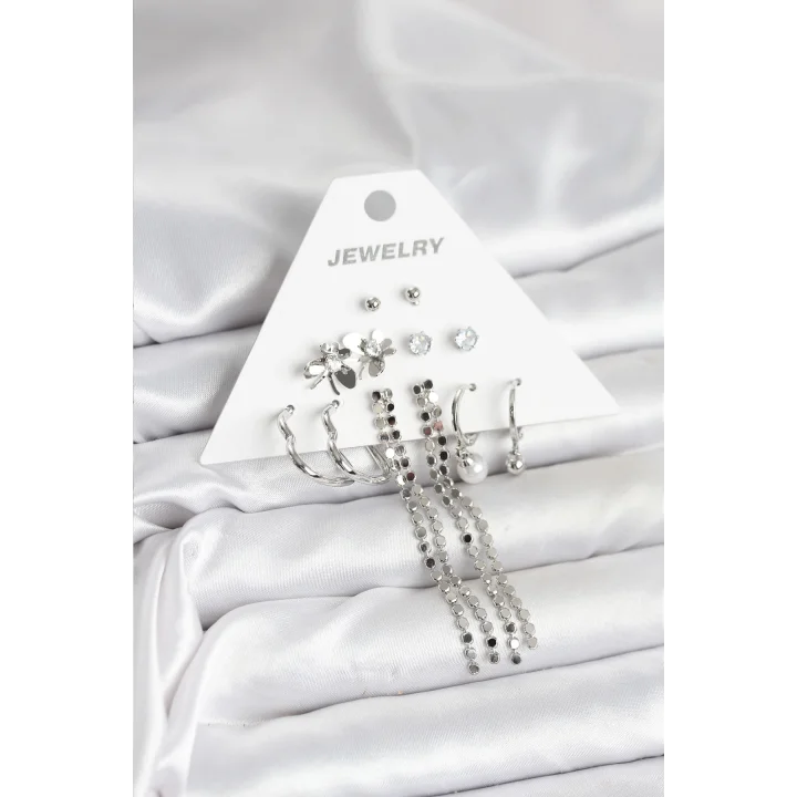 Mey İthalat® Pirinç Gümüş Renk 6 Çift Kadın Küpe