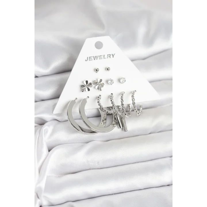 Mey İthalat® Pirinç Gümüş Renk 6 Çift Kadın Küpe Seti