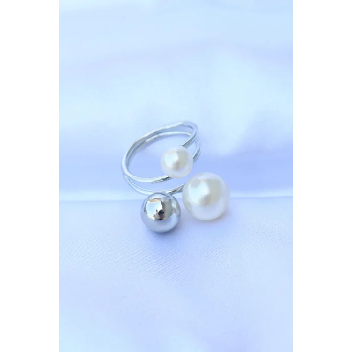 Mey İthalat® Pirinç Gümüş Renk Ayarlanabilir İnci Taşlı Yüzük